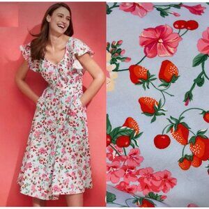 New Ann Taylor Cherries Strawberries Midi Dress 4P Flutter Sleeves Cotton Poplin